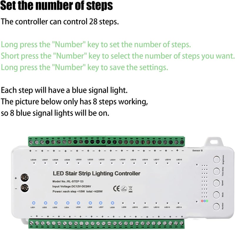 Copgge 28 Channel 9 Modes LED Motion Sensor Stair Light Controller Automatic Stairway LED Controller Stair LED Light Motion Sensor Speed Brightness Adjustable (28 Channels) - Image 3